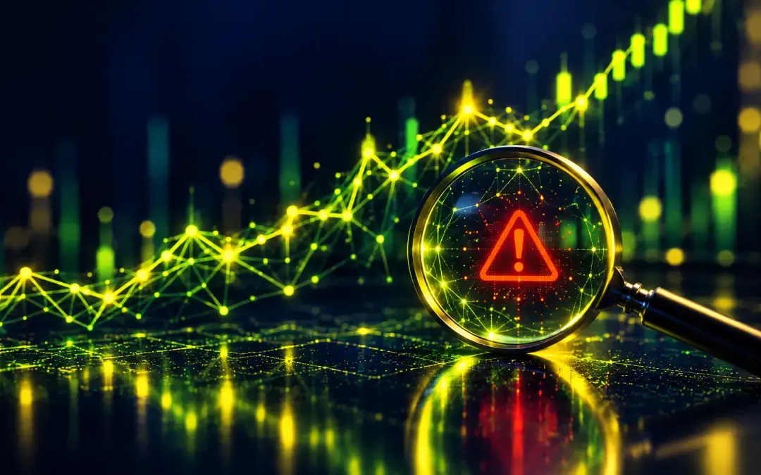 Bot de trading con IA: red neuronal de luz y lupa sobre una alerta