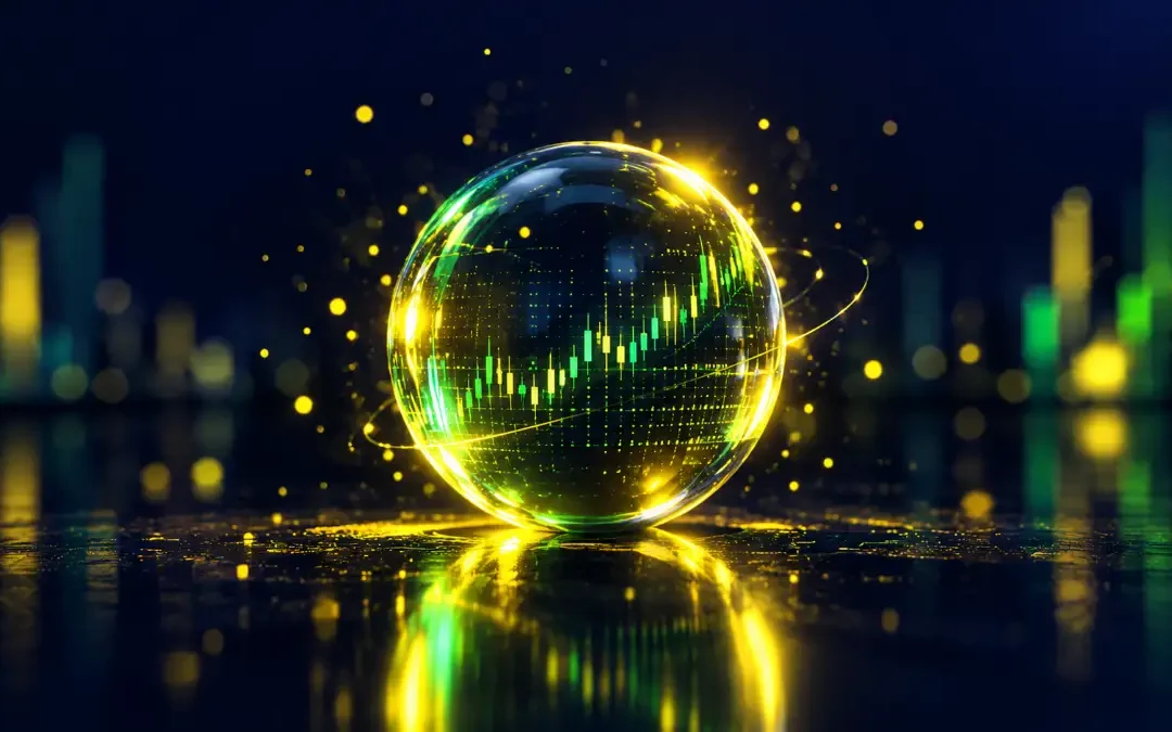 Darwinex Zero: esfera de cristal con datos de trading sobre fondo azul
