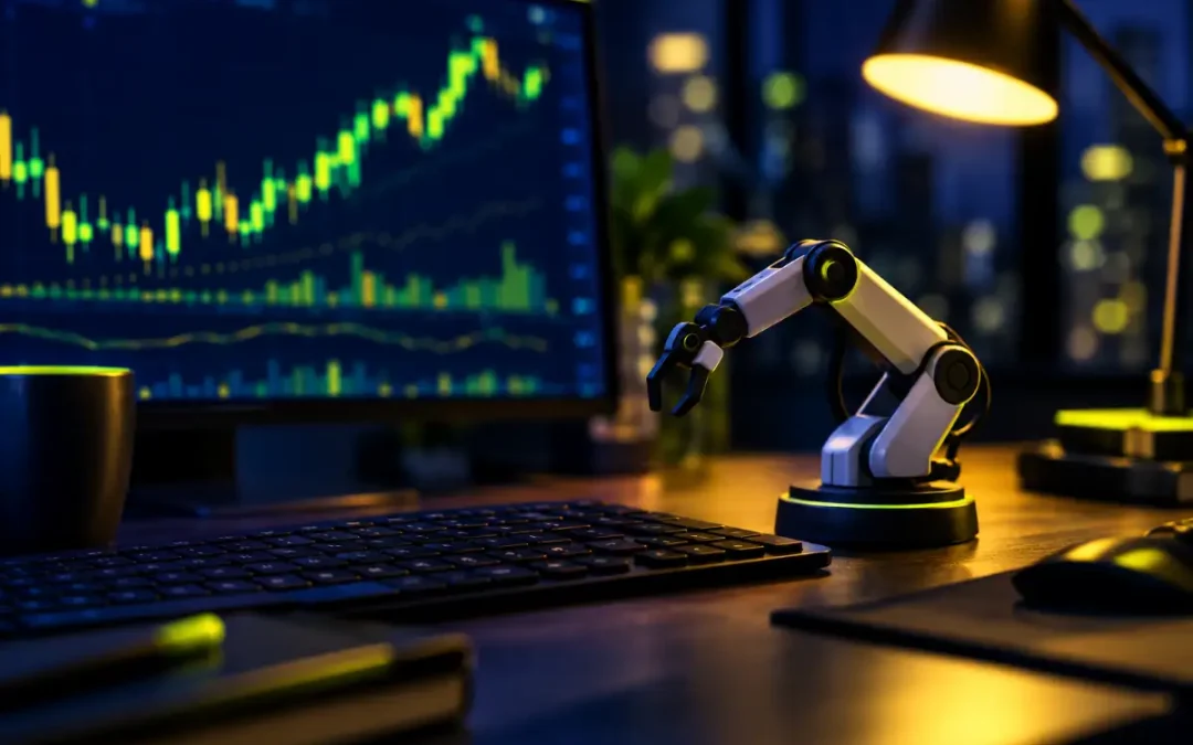 Robot de trading junto a un monitor con gráficos de velas: ¿funcionan los robots de trading?