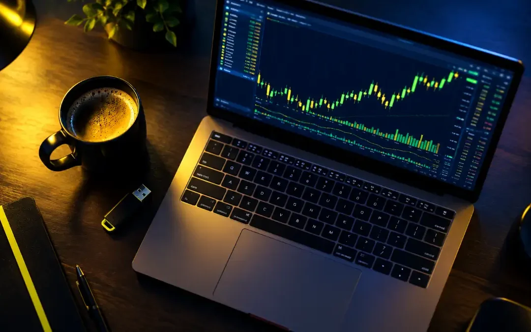 Portátil con una plataforma de trading en el escritorio, listo para instalar un robot EA en MetaTrader 4