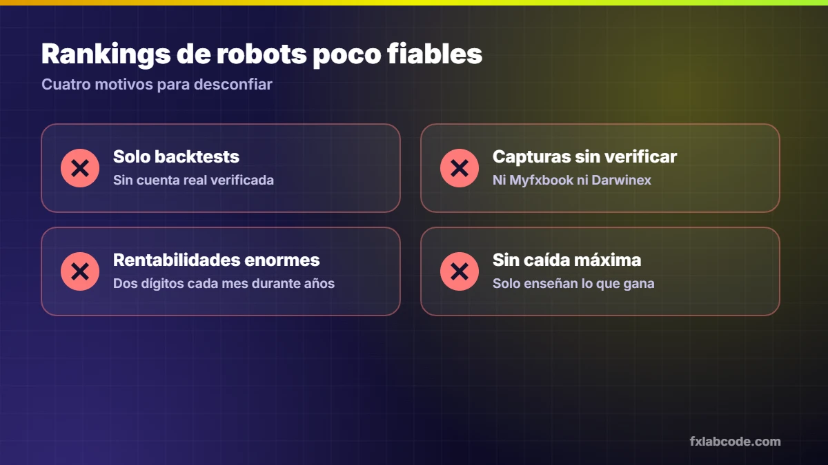Señales de un ranking de robots de trading poco fiable: solo backtests, capturas sin verificar, rentabilidades mensuales enormes y sin caída máxima publicada