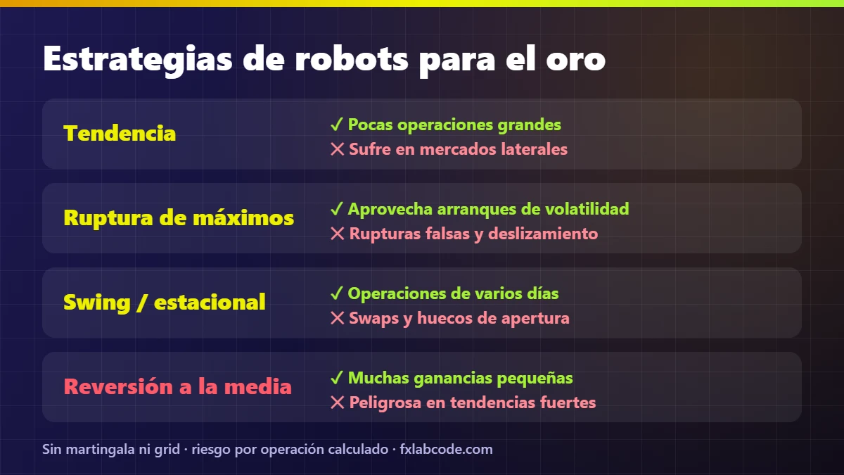 Estrategias de robots de trading para el oro: seguimiento de tendencia, ruptura de máximos, swing y estacionalidad, reversión a la media, con su punto fuerte y su riesgo
