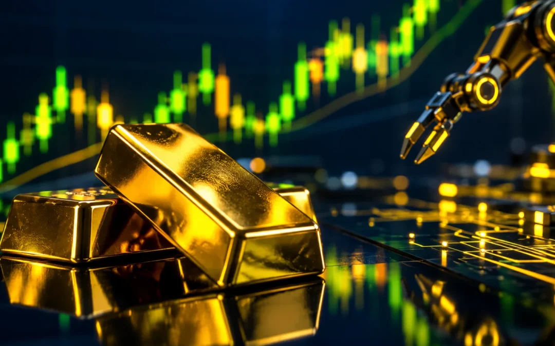 Lingotes de oro junto a un gráfico de velas del XAUUSD y un brazo robótico: trading del oro con robots